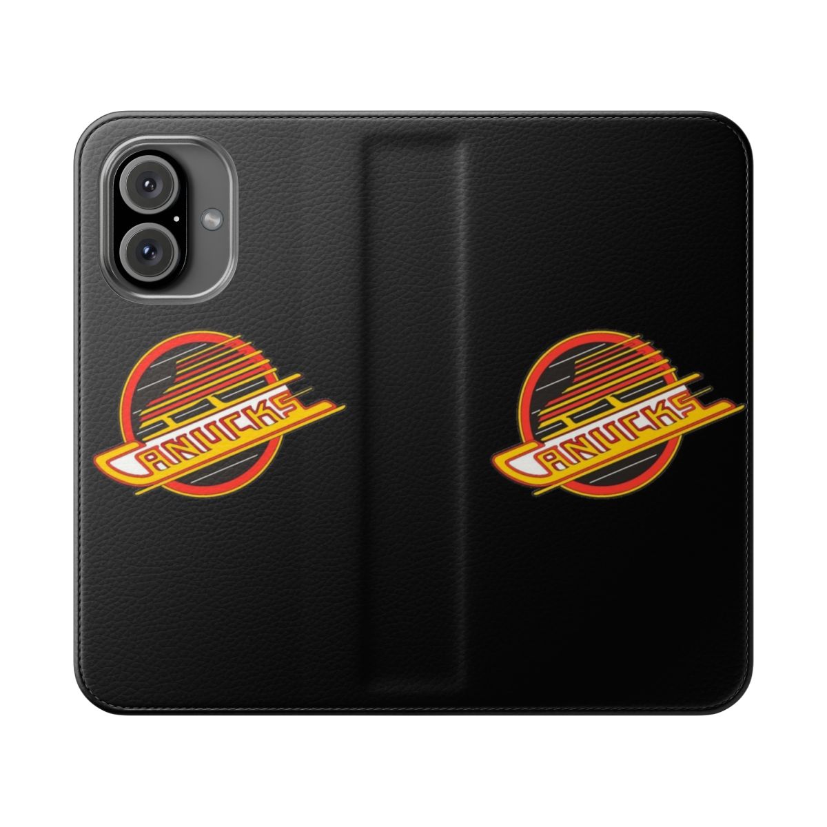 Retro-inspired flip cover phone case featuring the iconic Vancouver Canucks hockey team logo and colors.