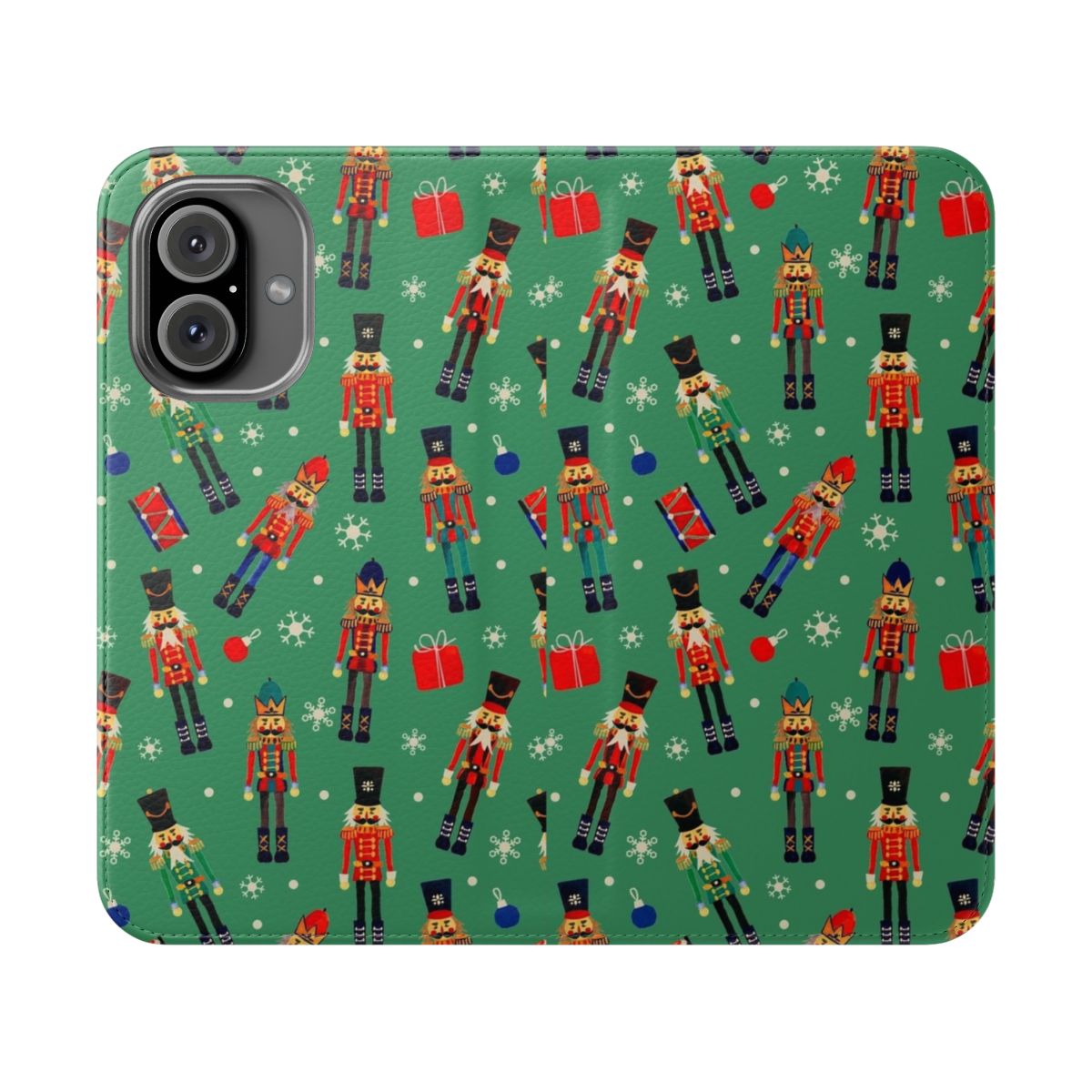 Festive nutcracker-themed phone case cover with watercolor patterns and Christmas colors