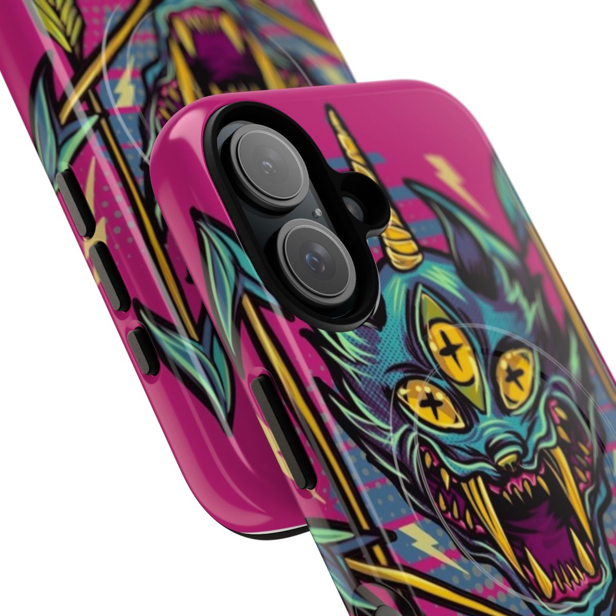 Surreal digital art phone case featuring a bizarre cat-like creature with arrows and a unicorn horn - Detail