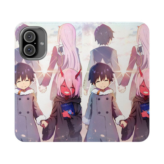 Anime-inspired flip phone case featuring Hiro and Zero Two from Darling in the Franxx.