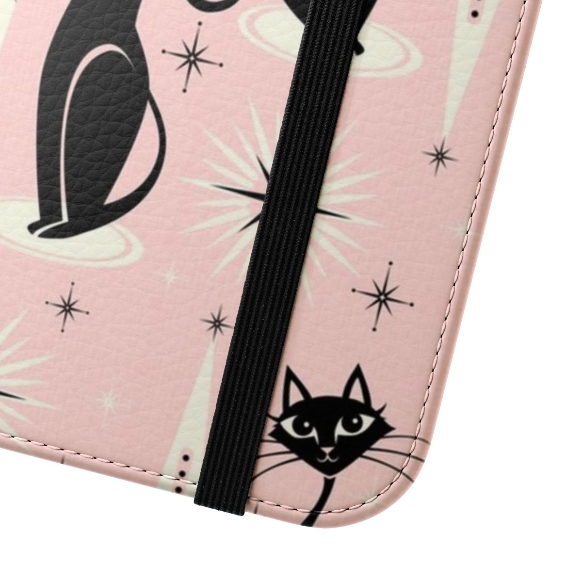 Retro atomic cats flip cover phone case with a 1950s mid century modern style design featuring black cats, starbursts, and diamonds. - Close Up