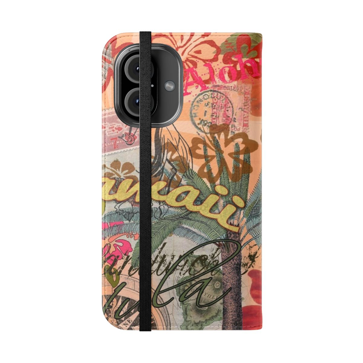 Vintage-style Hawaiian tropical floral and doodle collage design on a flip cover phone case - Folded Front