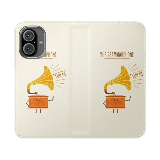 Grammarphone-inspired flip cover phone case with music and grammar pun design