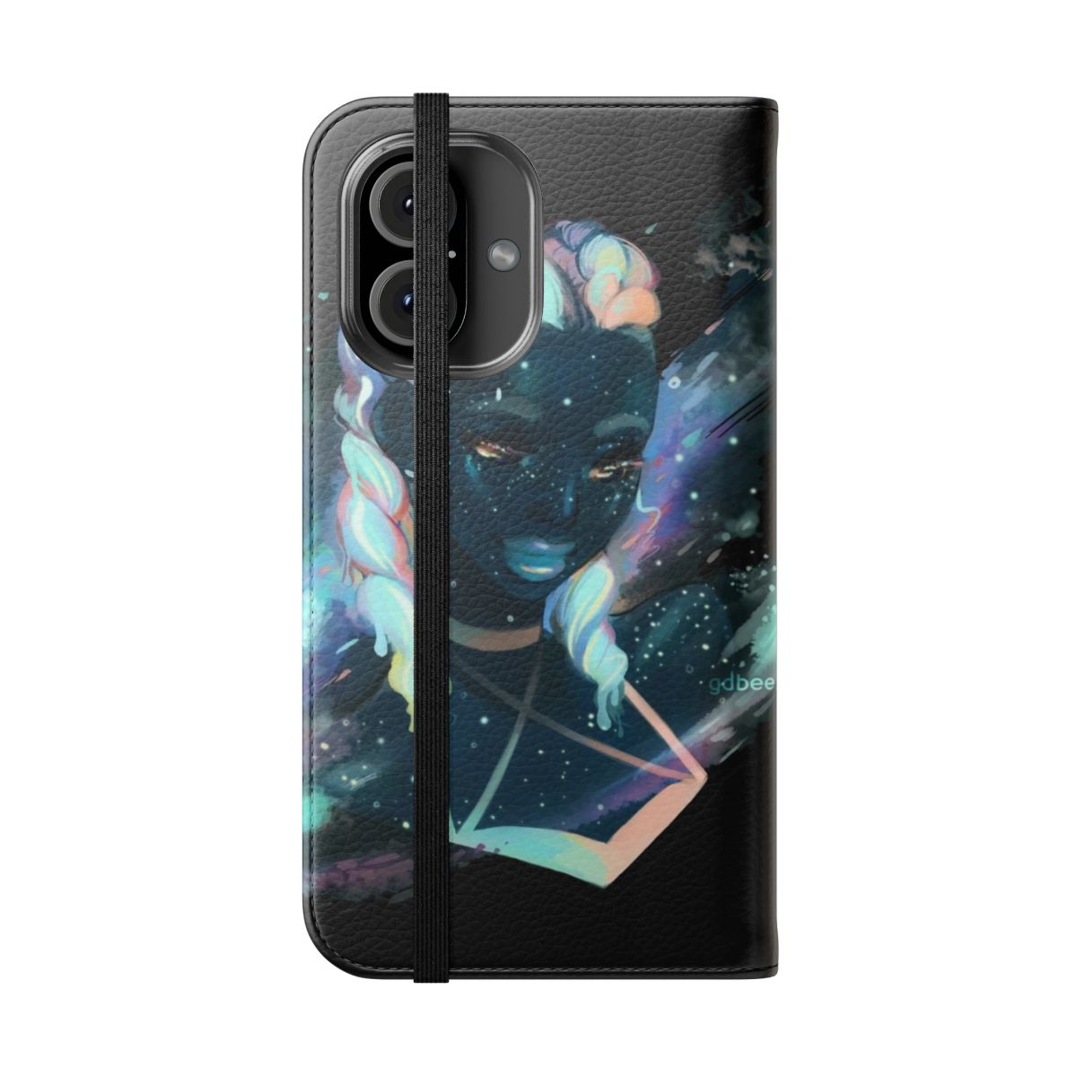 A black phone case with a detailed illustration of the Milky Way galaxy and stars. - Folded Front