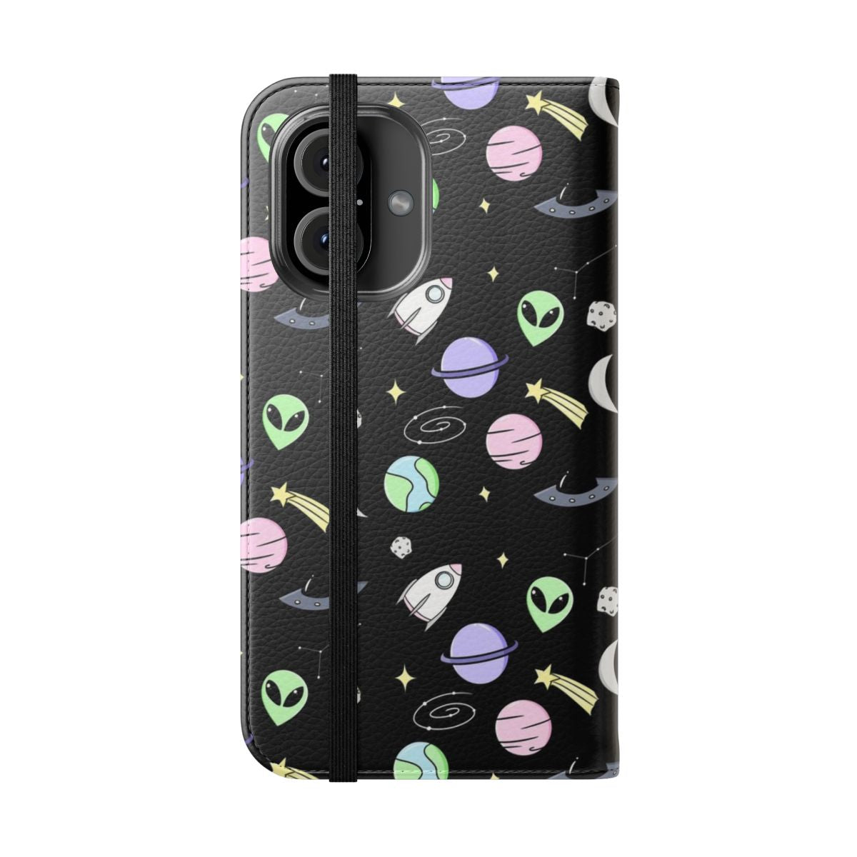 Sleek and stylish flip cover phone case with a space-inspired aesthetic design featuring stars, galaxies, and a cosmic theme. - Folded Front