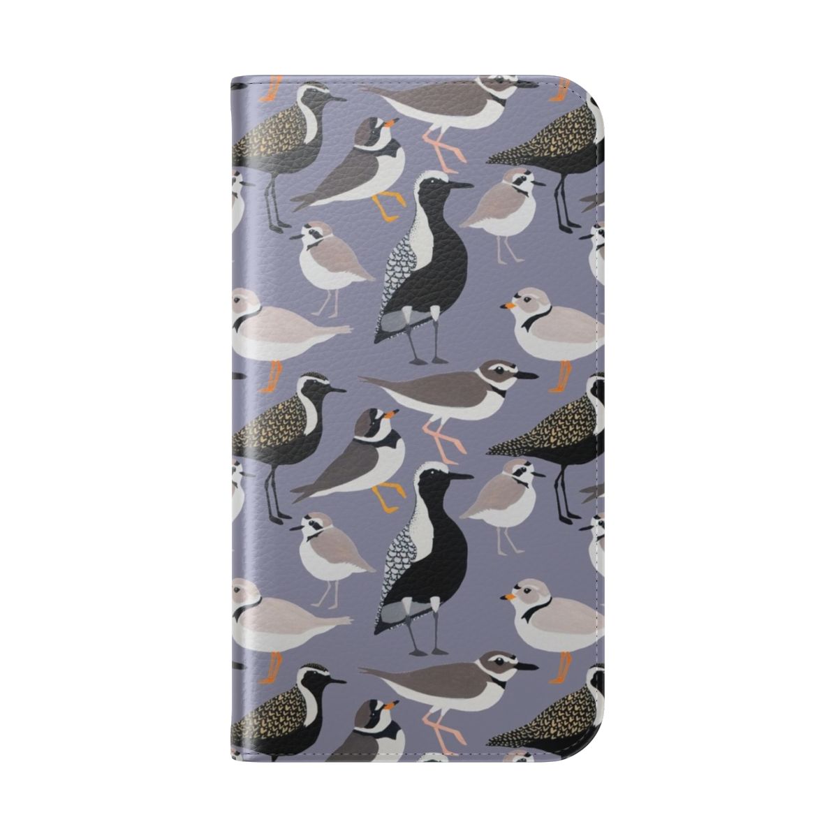 Flip cover phone case featuring a colorful illustration of various plover shorebirds in a natural beach setting. - Folded Back