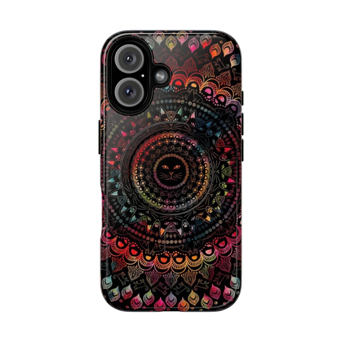 Colorful mandala-inspired phone case with a glowing kitty cat design