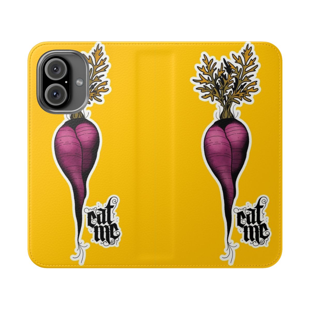 Purple carrot phone case with a playful "eat me" design