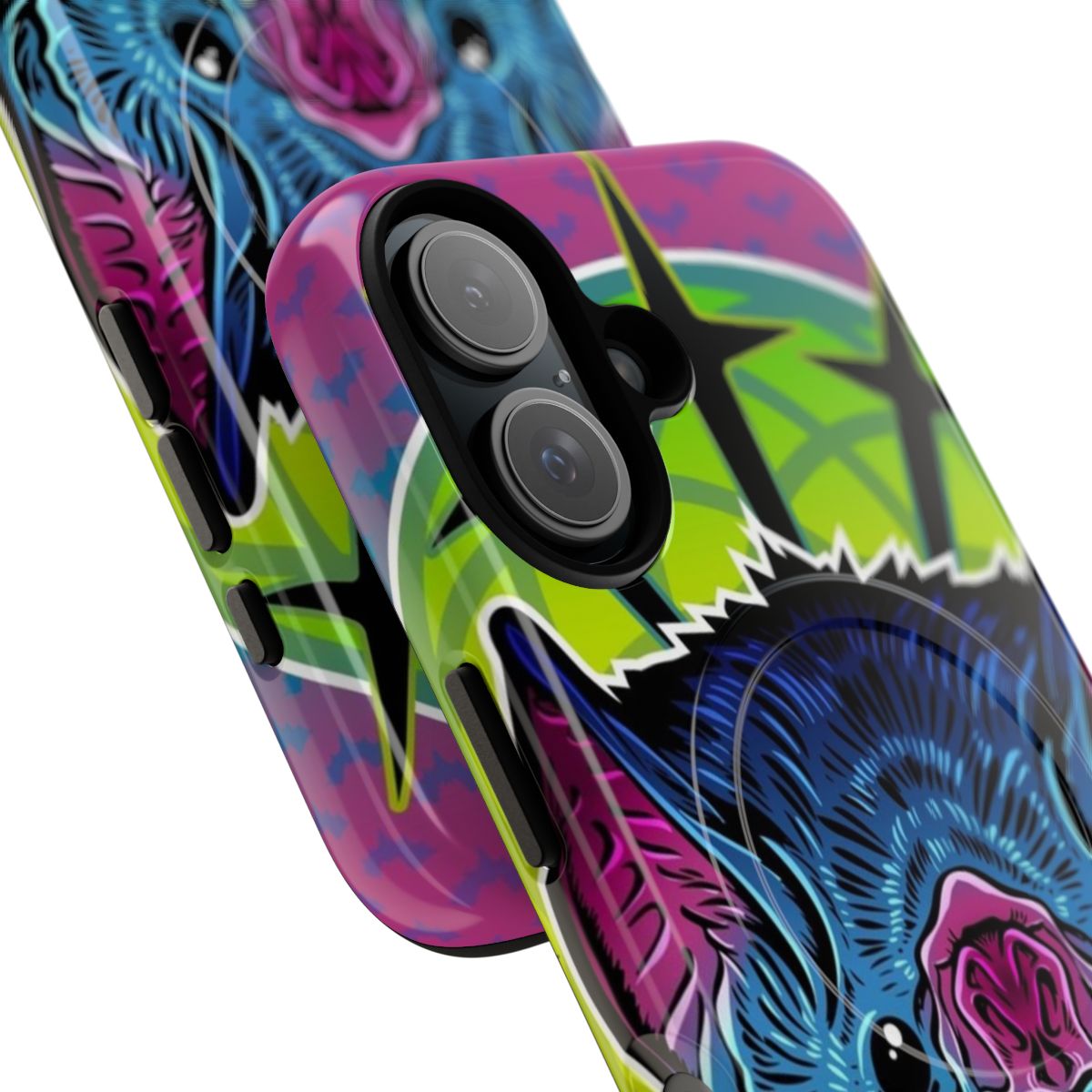 Neon bat phone case with a vibrant, colorful vector design - Detail