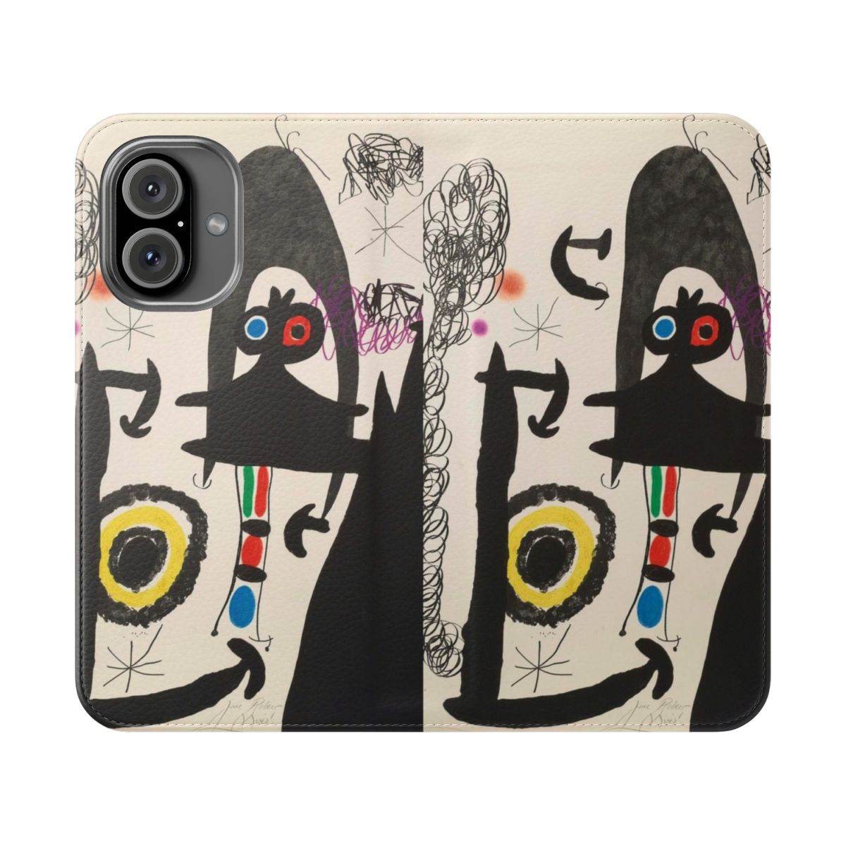 Flip cover phone case featuring the abstract artwork "Escalade vers la Luna" by renowned artist Joan Miro