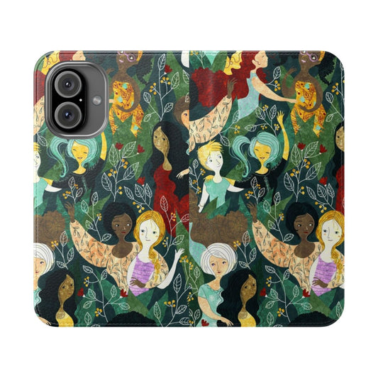 Fashionable flip cover phone case featuring a nature-inspired sisterhood design