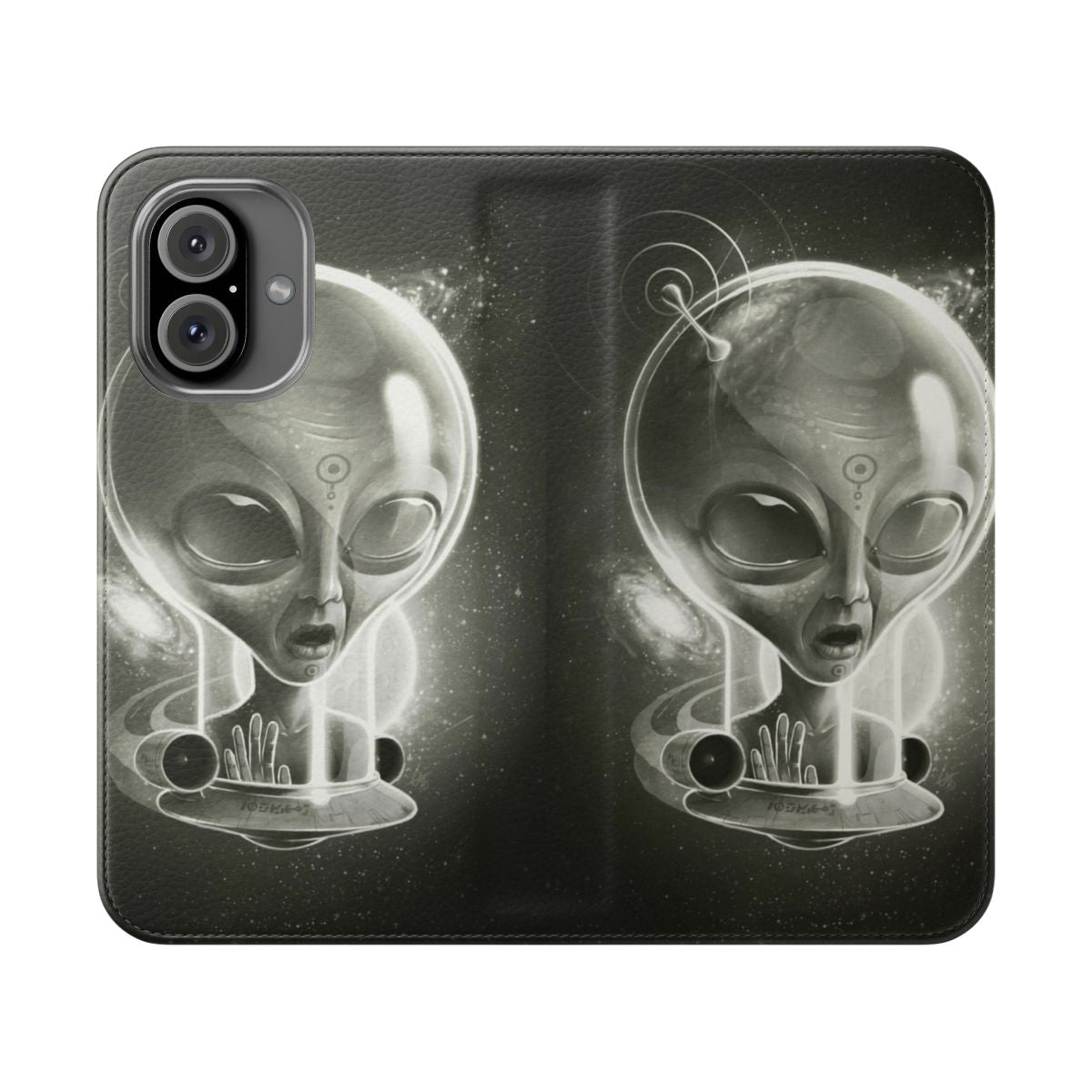 Alien-themed flip cover phone case with a cosmic, sci-fi design