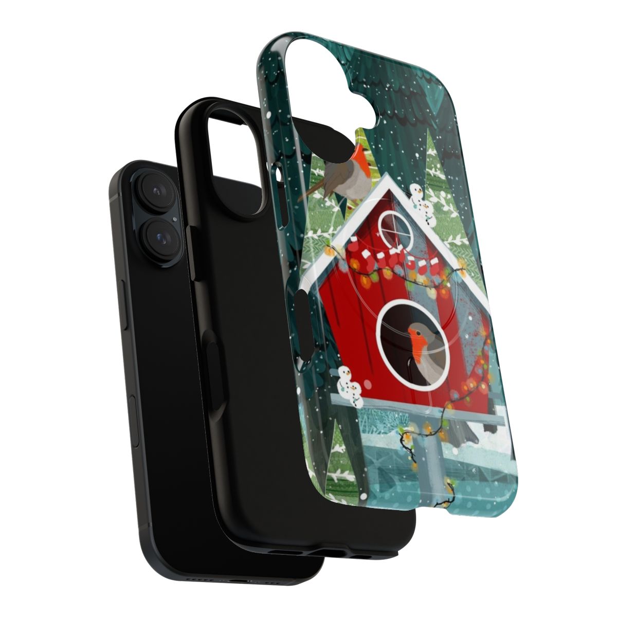 Magnetic phone case with a robin birdhouse design in a snowy forest scene - Layers