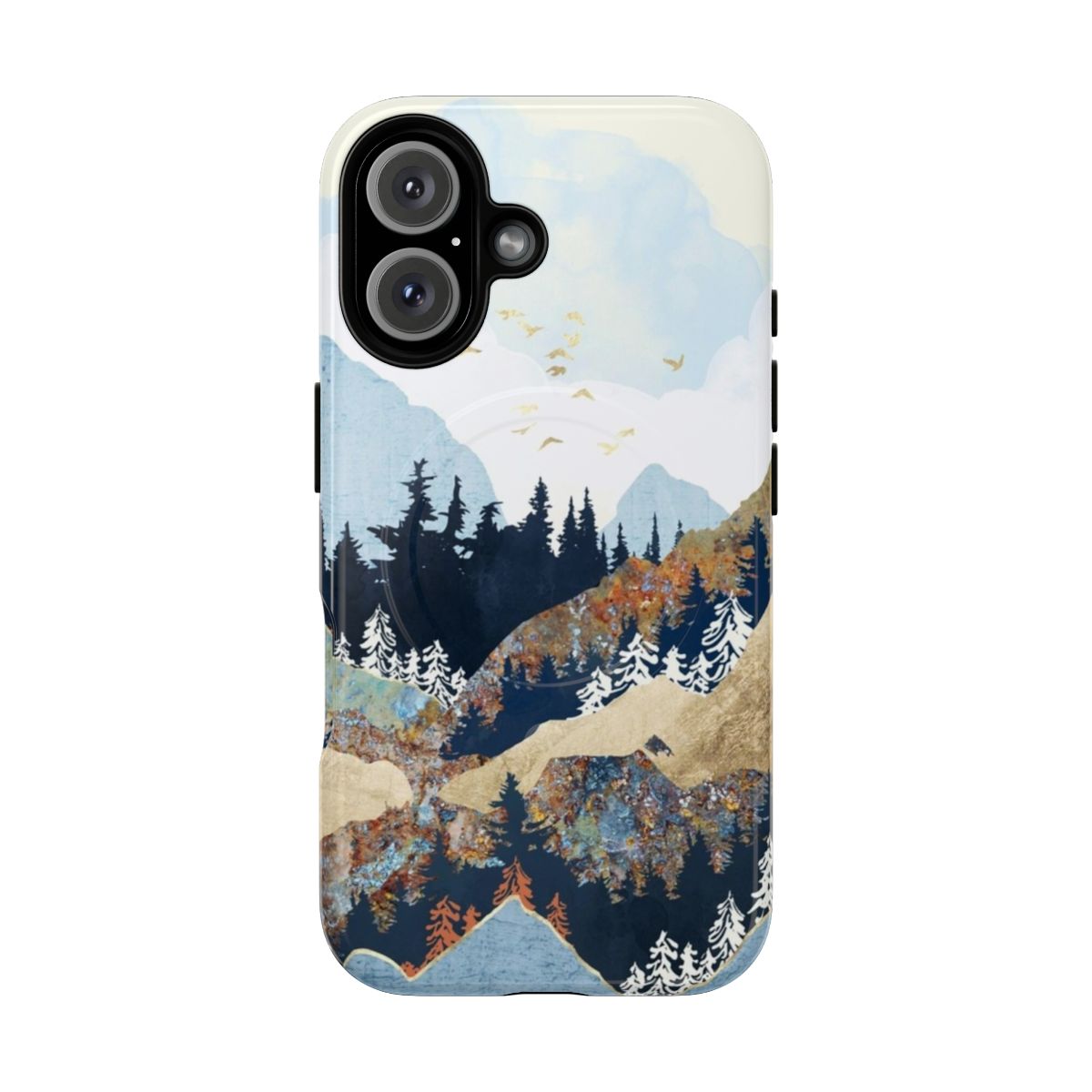 A colorful spring flight phone case with birds, mountains, and forest imagery