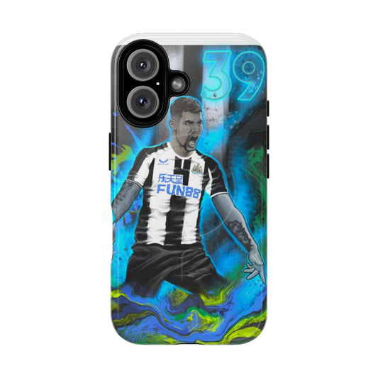 Newcastle United phone case featuring a design of Bruno Guimaraes, the popular NUFC player.