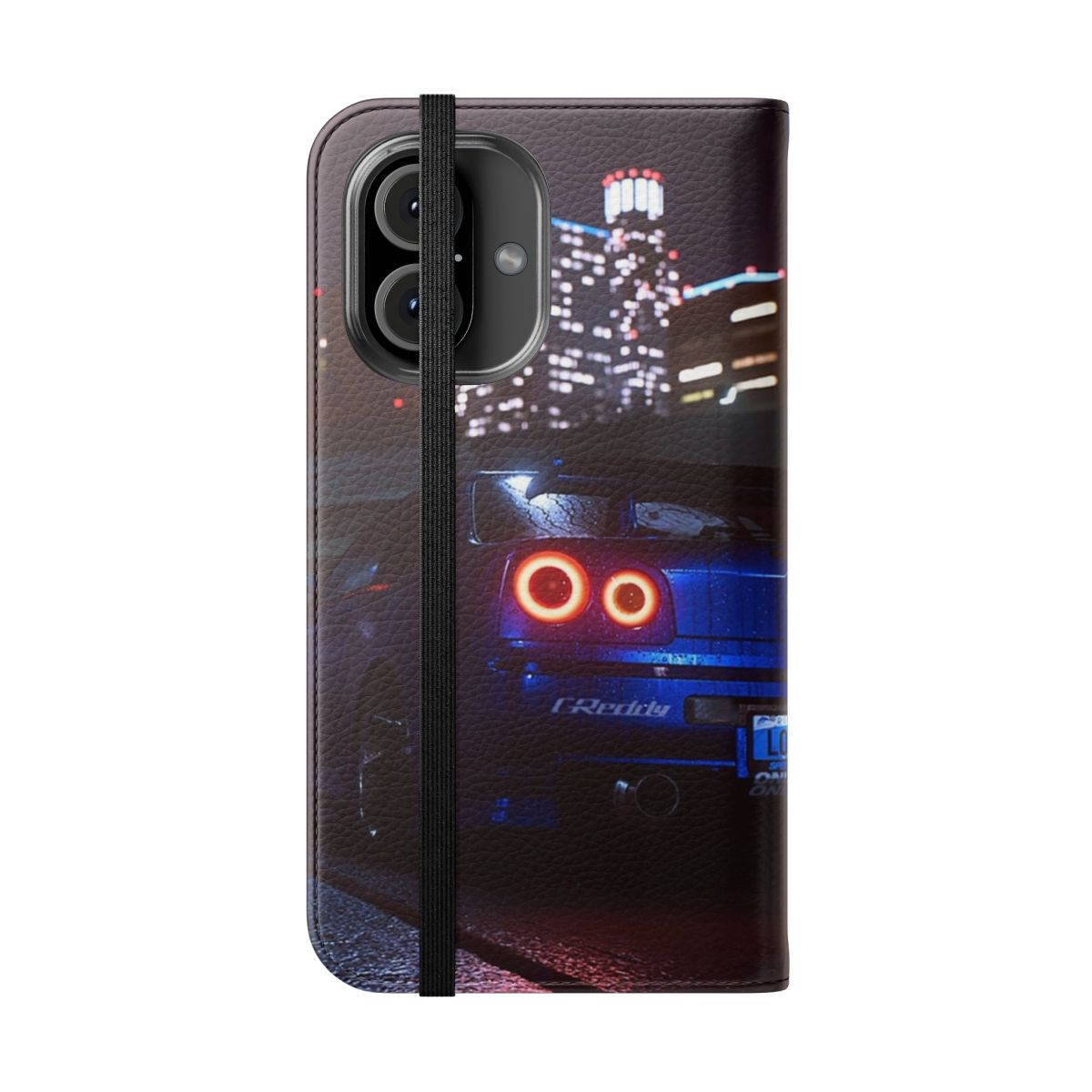 Phone case featuring the iconic Nissan Skyline R34 sports car design - Folded Front