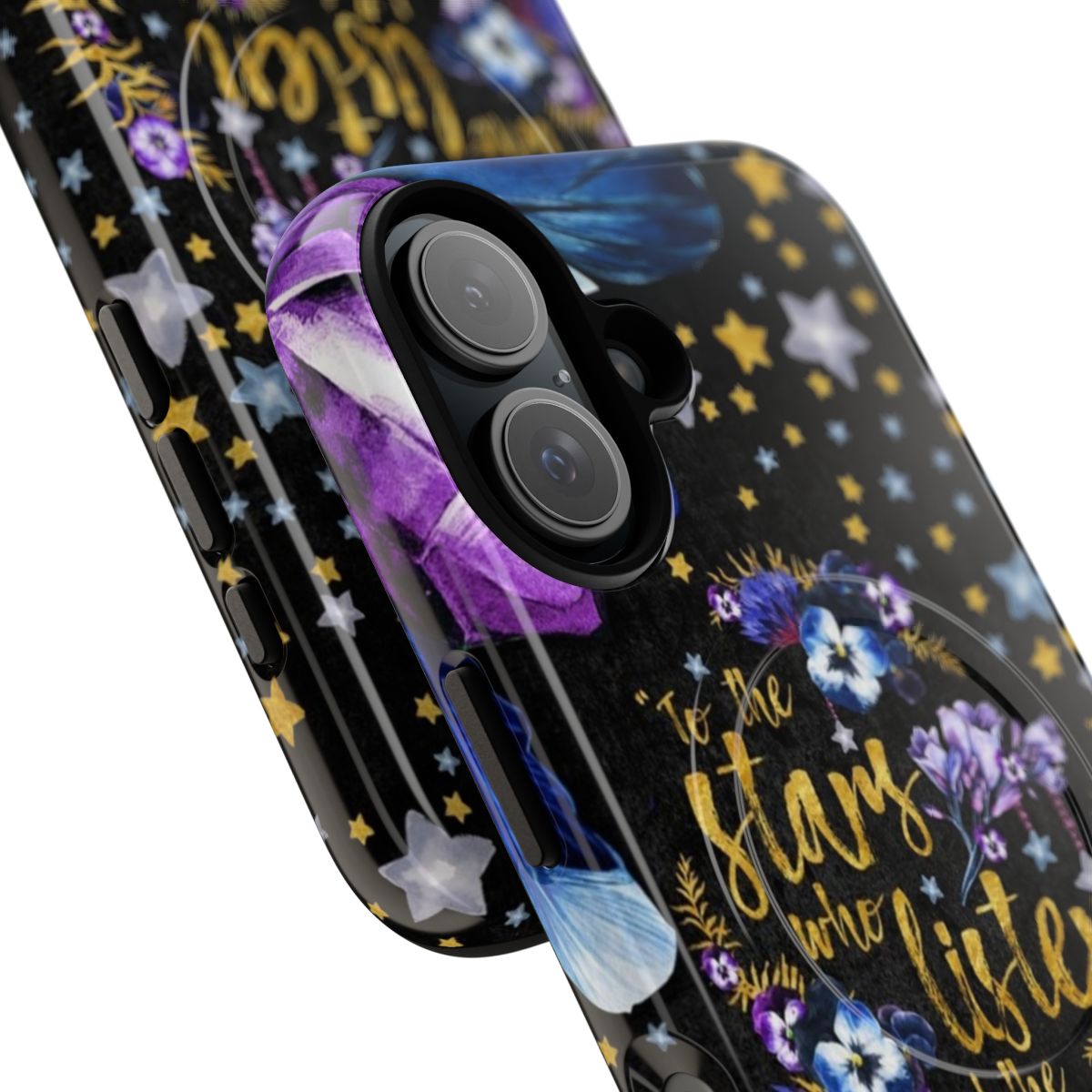 A magnetic phone case featuring a night sky design and an inspirational book quote. - Detail