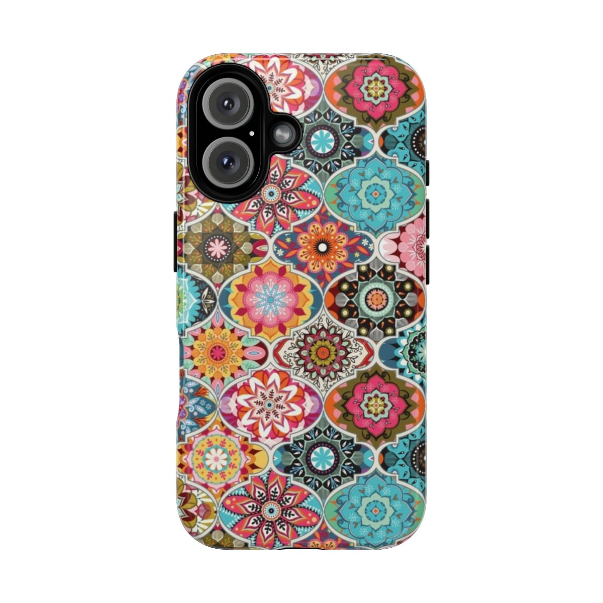 Colorful and intricate boho-style geometric phone case design