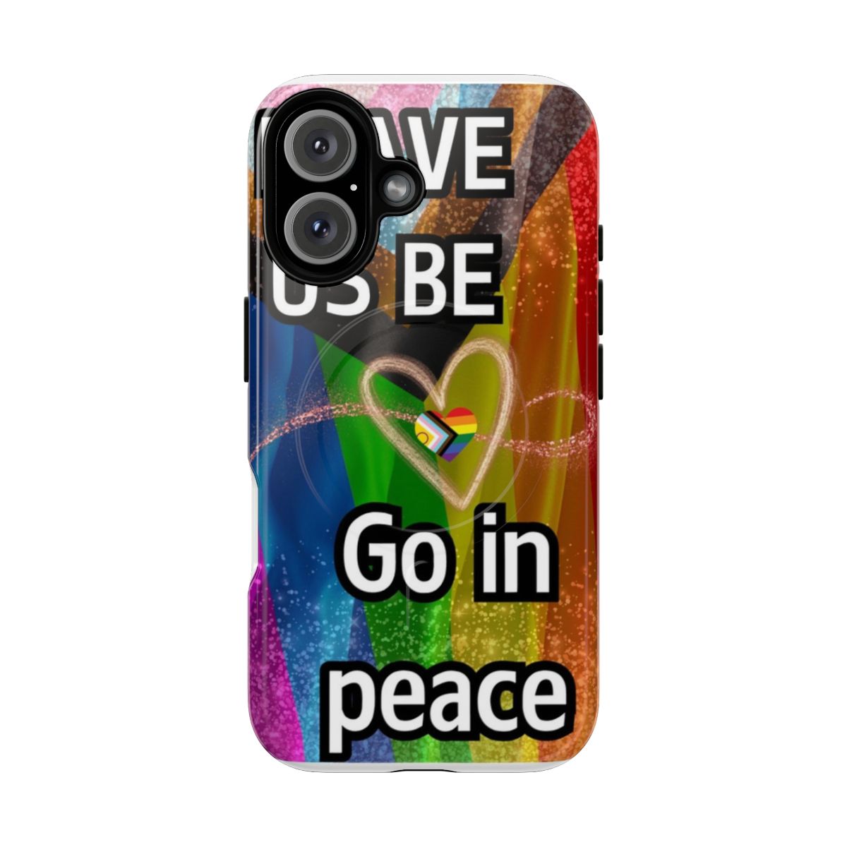 Inclusive LGBTQIA+ magnetic phone case with a colorful rainbow heart design