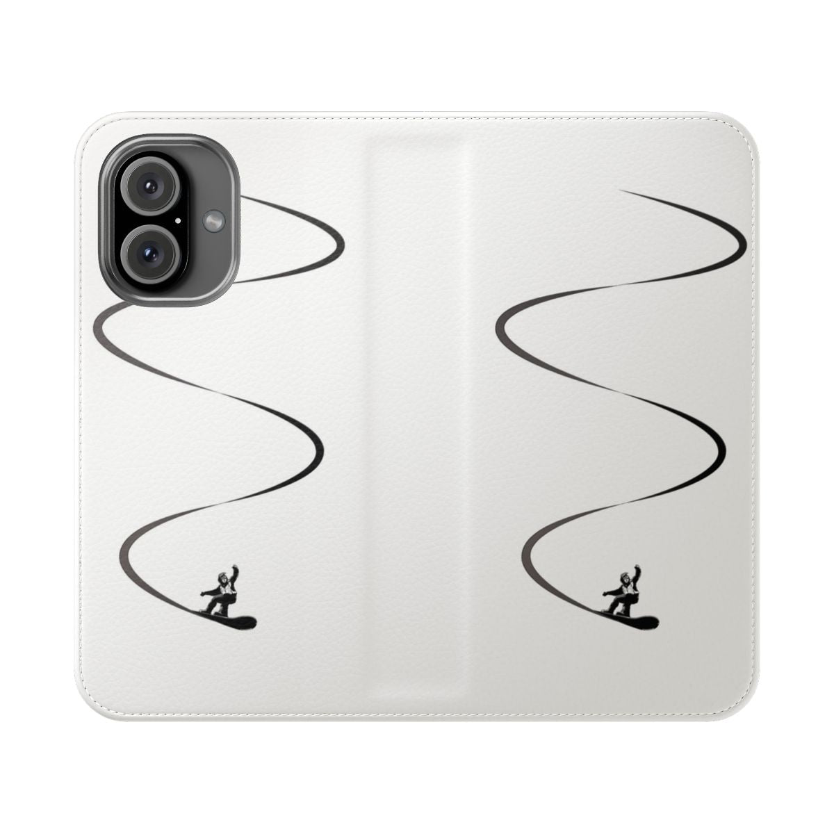 A flip cover phone case featuring a snowy, mountainous landscape design inspired by snowboarding.