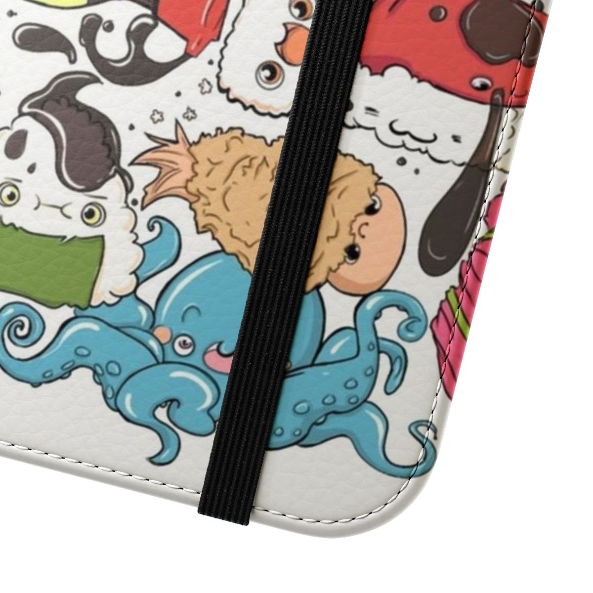 Colorful and detailed illustration of sushi, fish, and other Japanese food elements on a phone case - Close Up