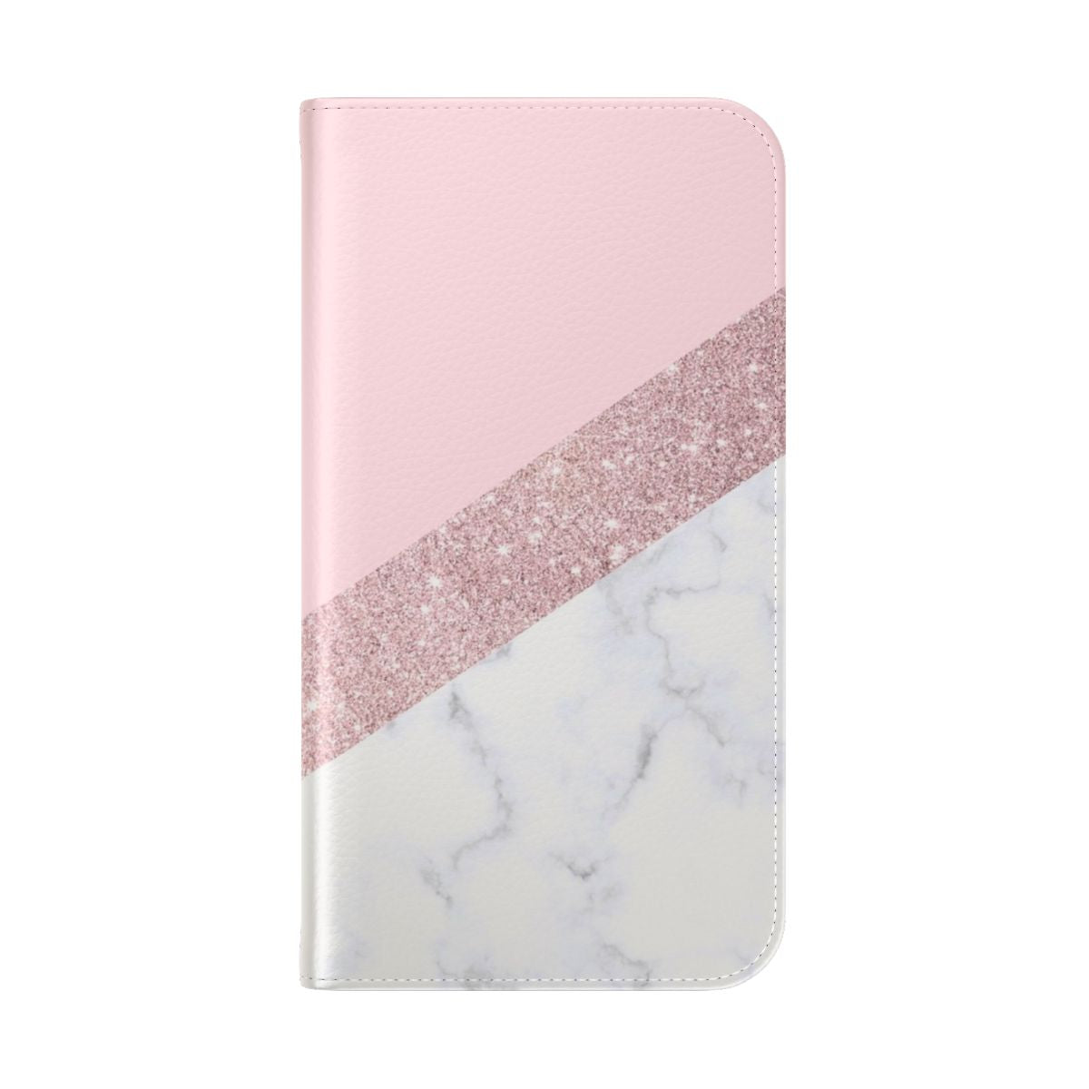 Stylish marble pattern glitter phone case in pastel pink and rose gold colors. - Folded Back