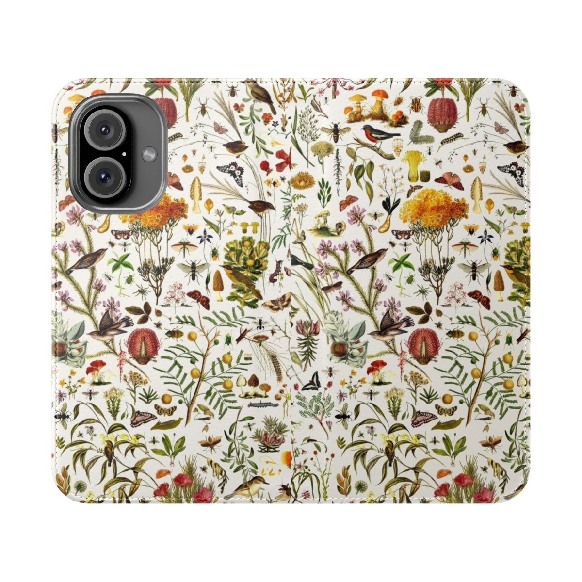 Flip cover phone case with a detailed, repeating pattern featuring native Australian flora and fauna like butterflies, birds, and plants.