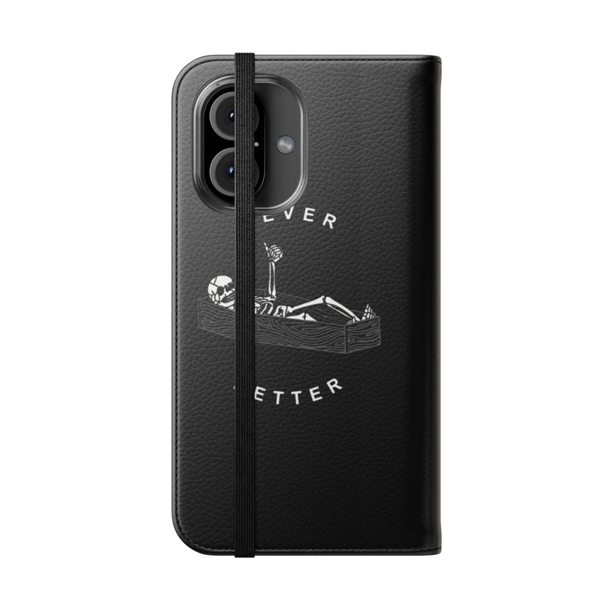 Flip cover phone case with a dark, minimalist design featuring a skeleton silhouette - Folded Front