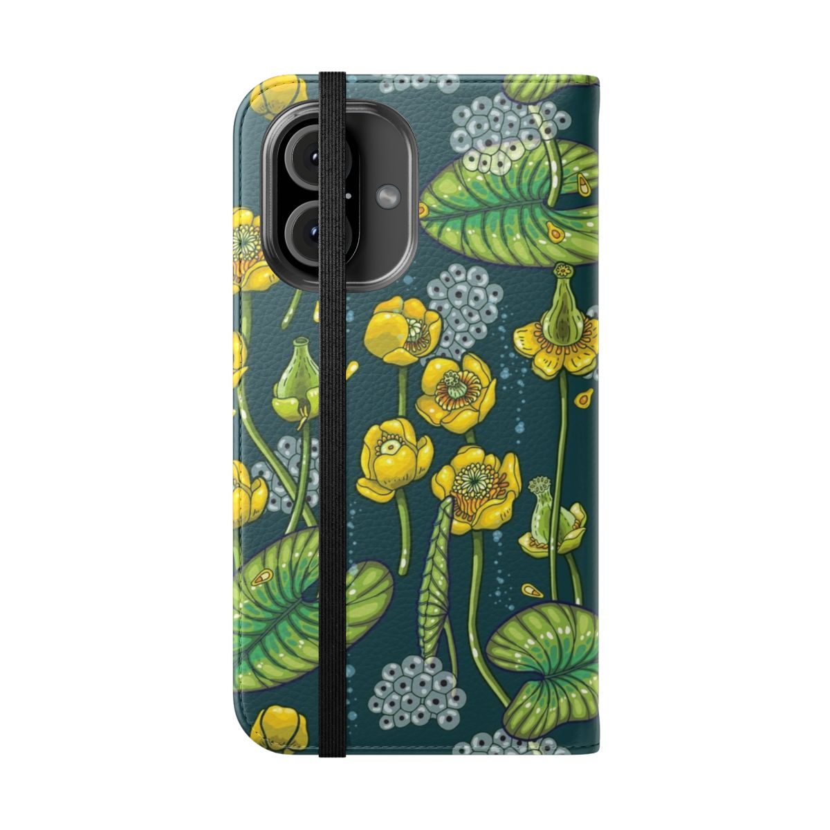 Flip cover phone case featuring a serene river scene with water lilies, tadpoles, and other aquatic life. - Folded Front