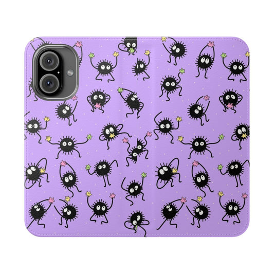 A purple flip cover phone case featuring characters and imagery from the popular anime film Spirited Away.