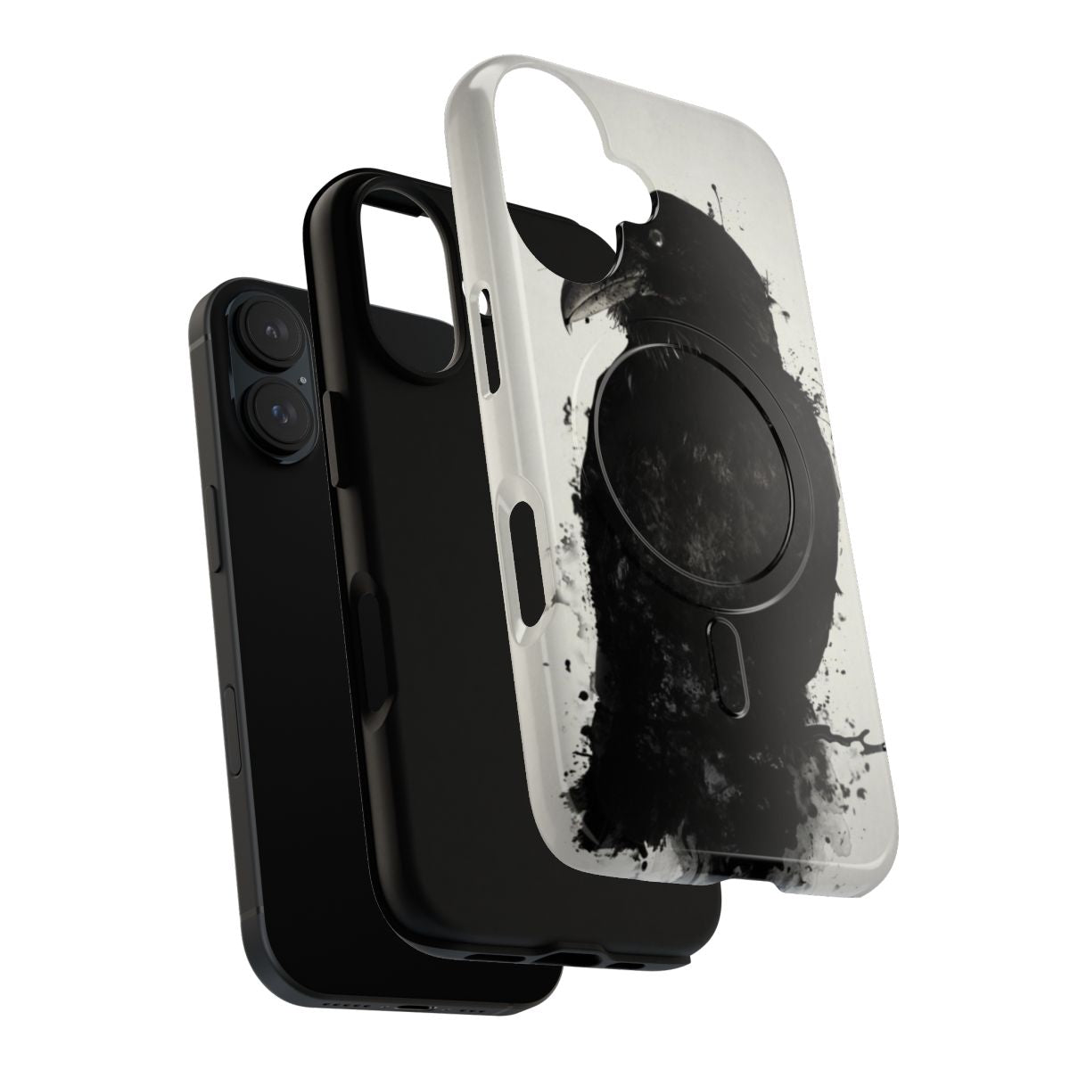 Detailed image of a raven-inspired phone case with artistic spatter and ink effects. - Layers