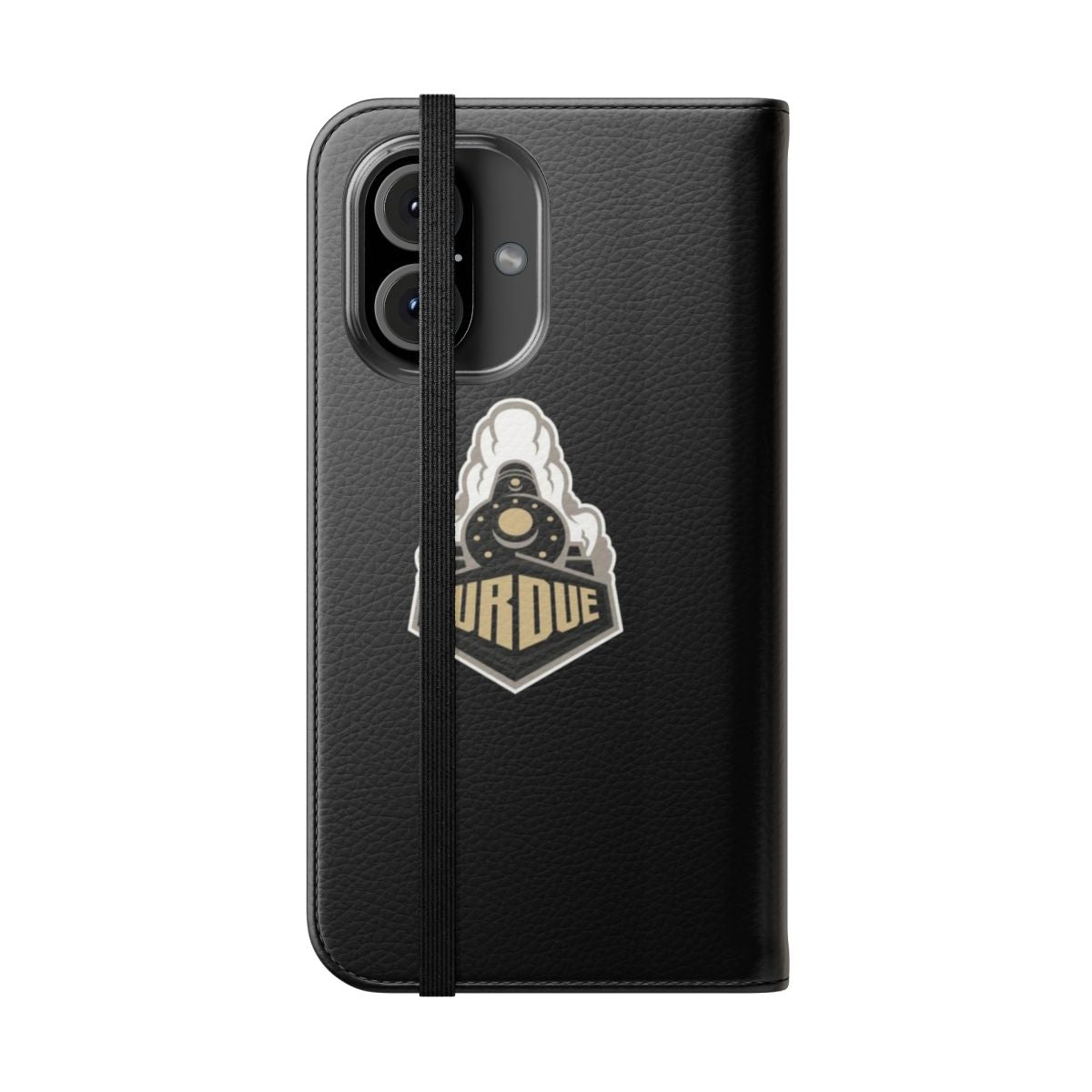 Purdue Boilermaker-inspired flip cover phone case featuring the university's logo and colors - Folded Front