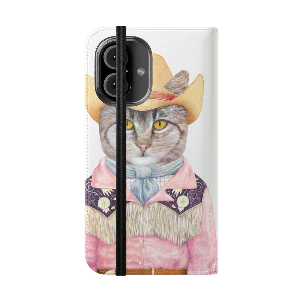 Stylish flip phone case featuring a cartoon cat wearing a cowboy hat and bandana - Folded Front