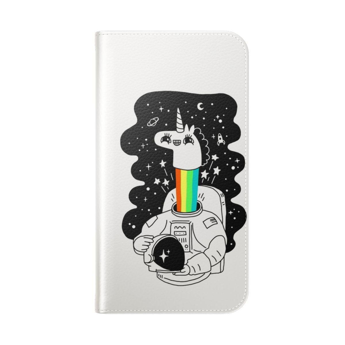 Flip cover phone case with a cosmic, fantasy design featuring a unicorn and stars in space. - Folded Back