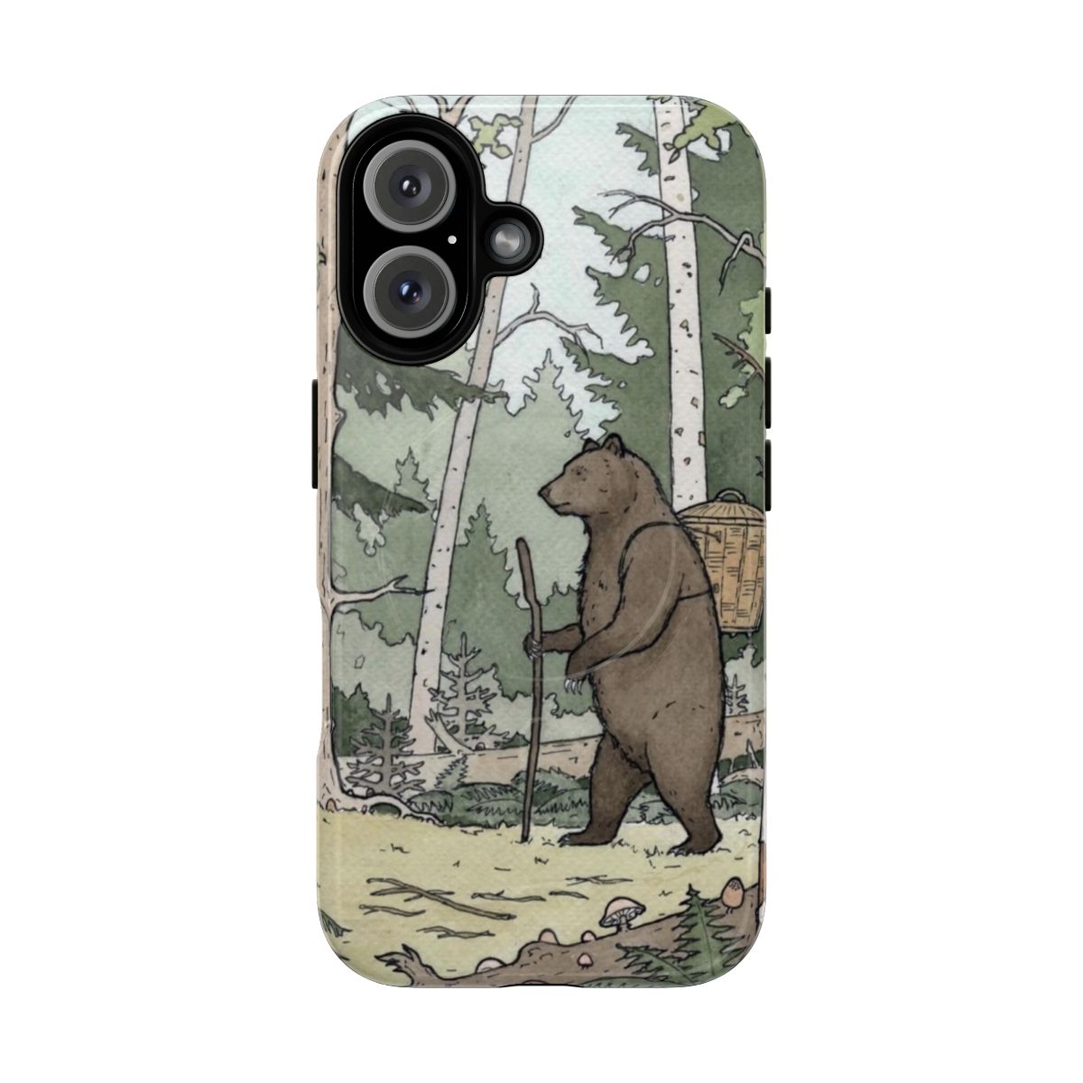 Artistic phone case featuring a bear in a forest, inspired by Russian folklore