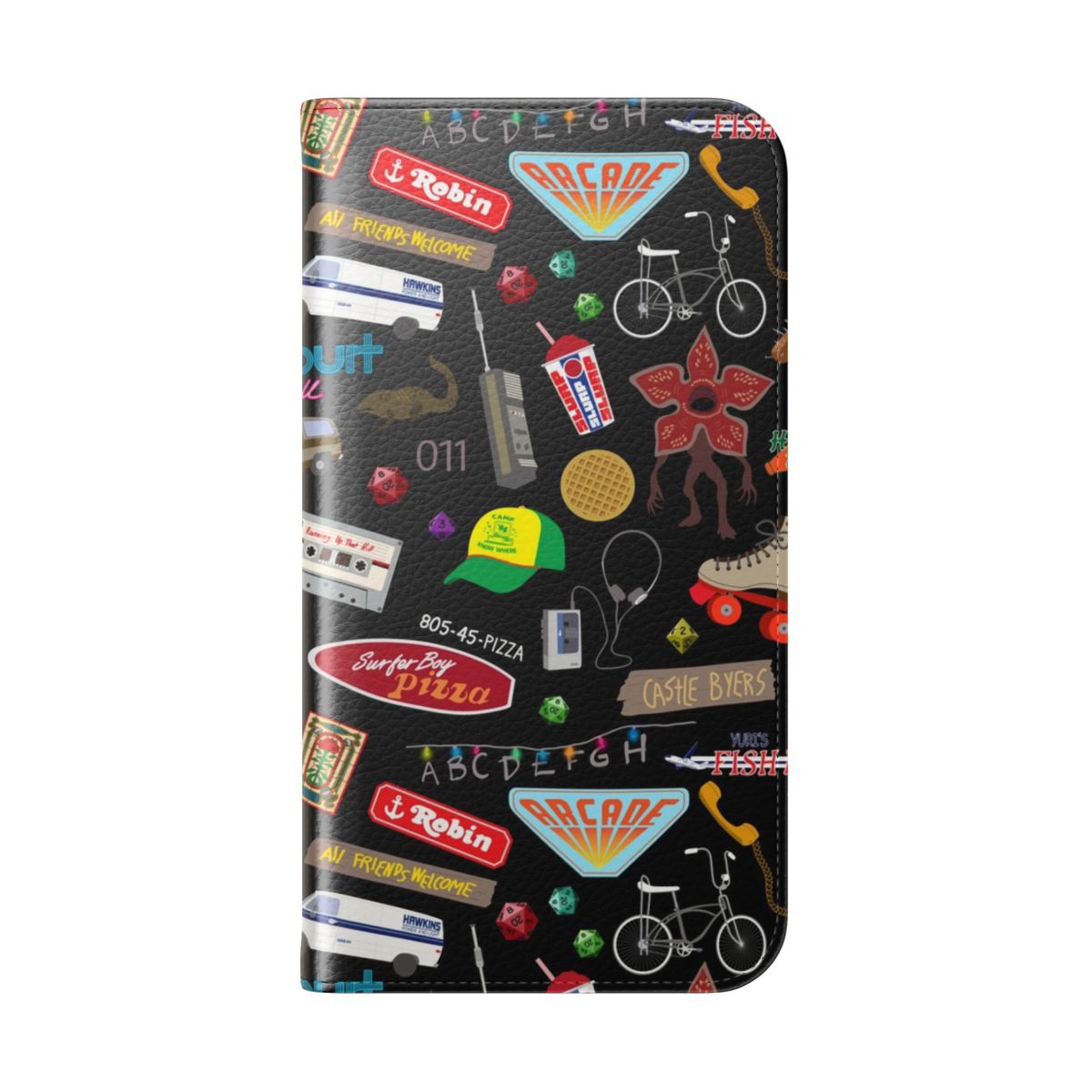 A Stranger Things themed flip cover phone case with an assortment of patterns and designs from the popular Netflix series. - Folded Back