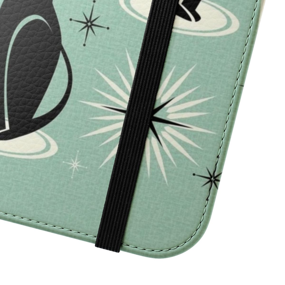 Retro atomic cat print phone case in mint color - Close Up