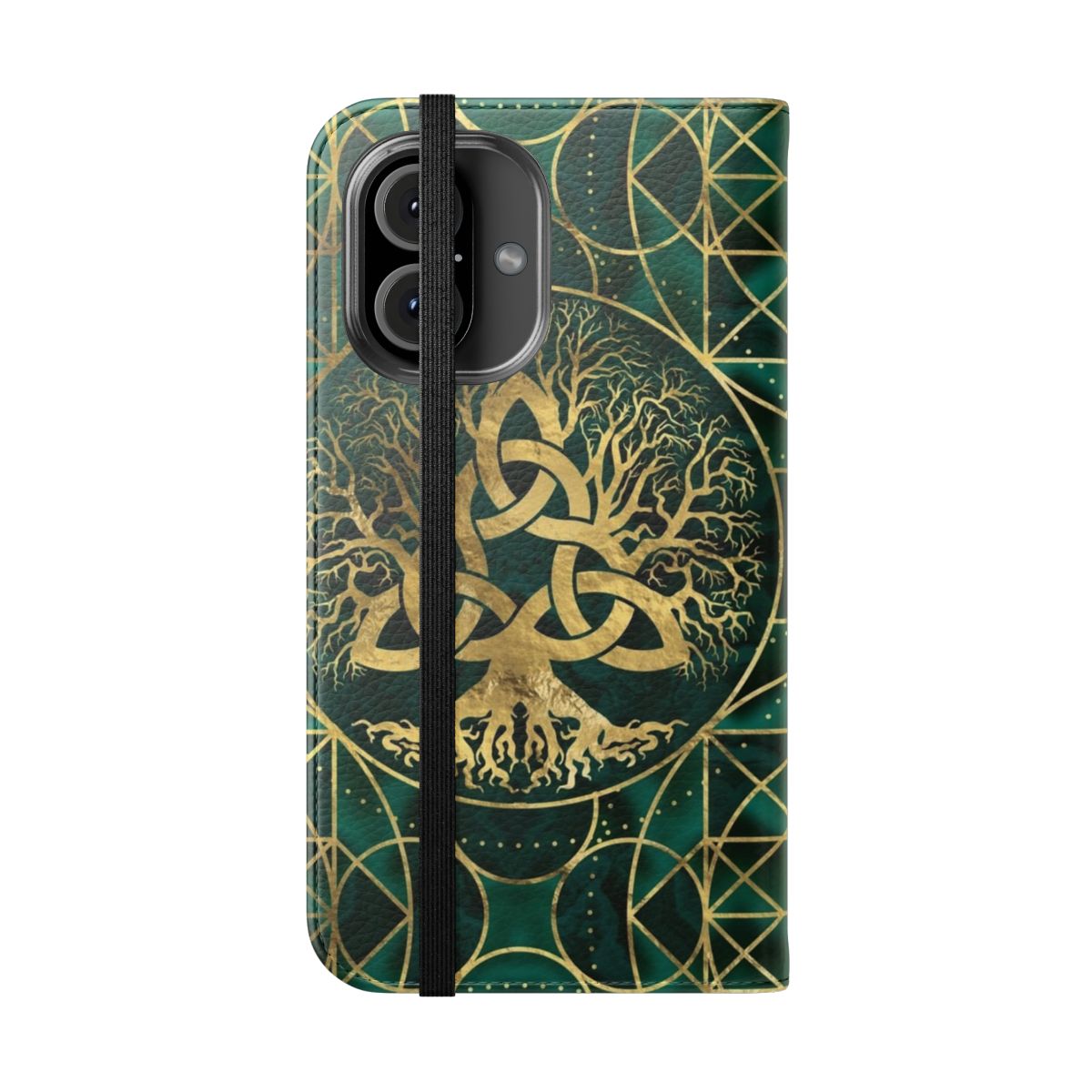 Malachite and gold-toned flip cover phone case with a tree of life and triquetra design - Folded Front