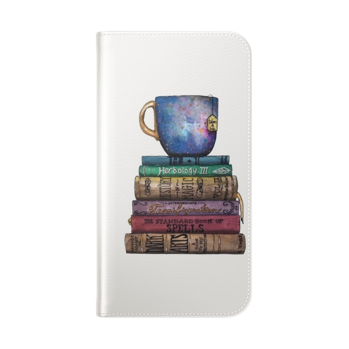 Studious flip cover phone case with books, spellbooks, and wizarding elements - Folded Back