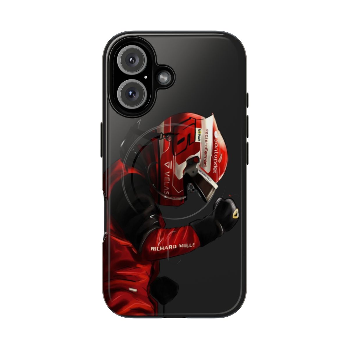 A tough, magnetic phone case featuring an illustration of Formula One driver Charles Leclerc