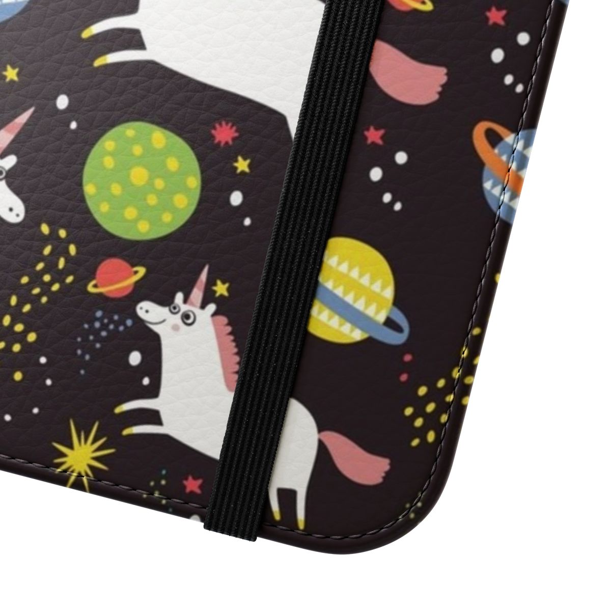 A vibrant flip phone case featuring a whimsical space unicorn design with planets, stars, and a retro, vintage-inspired aesthetic. - Close Up