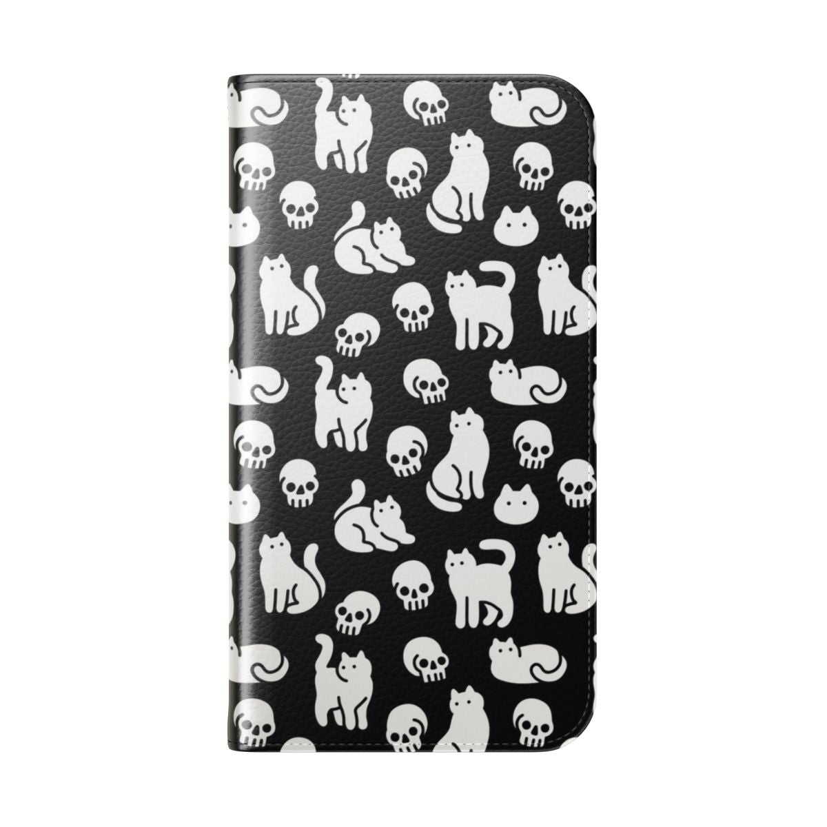 A stylish flip phone case featuring a cute and spooky cat and skull pattern design. - Folded Back