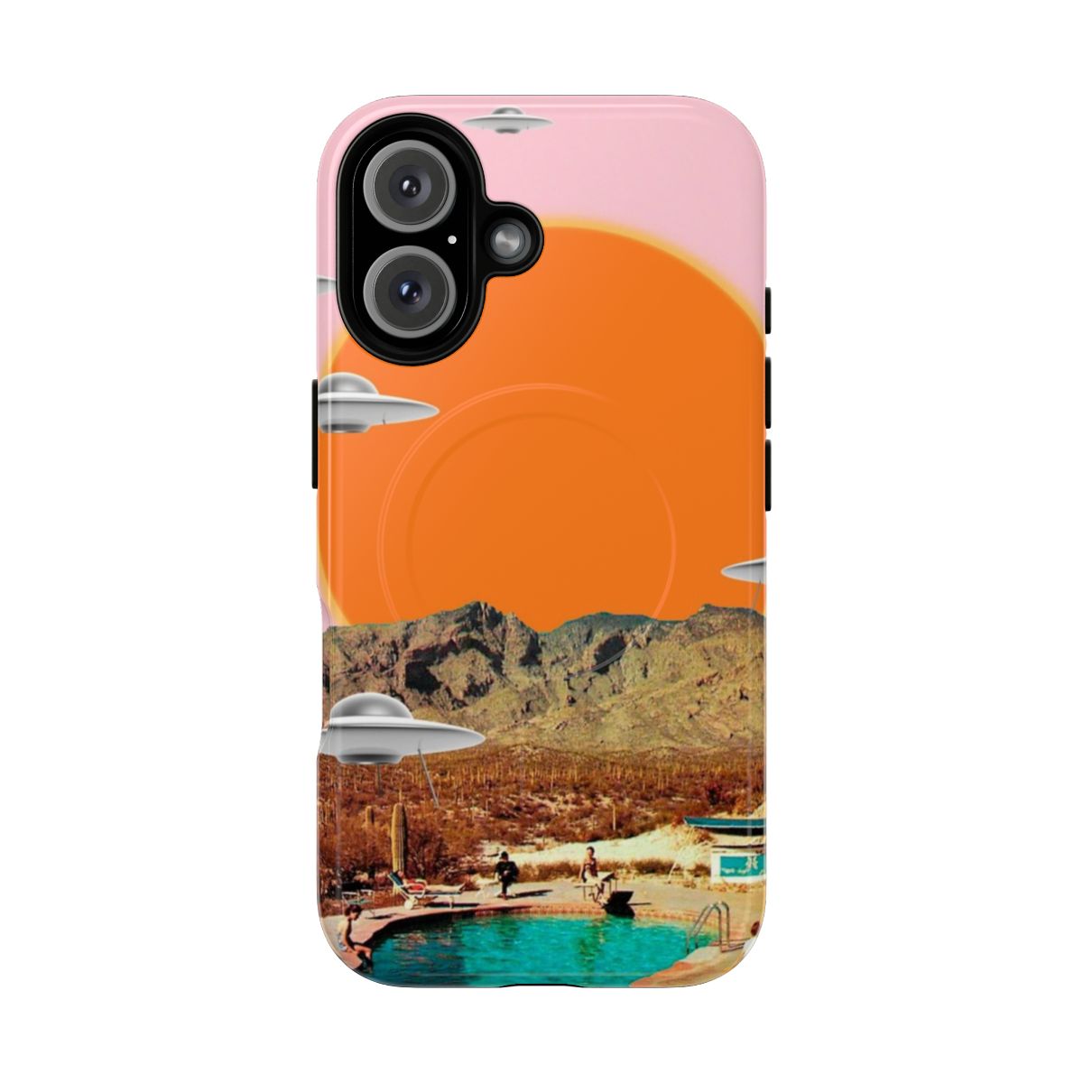 Magnetic phone case with a design depicting a UFO landing in a desert landscape with cacti and a pink sky.