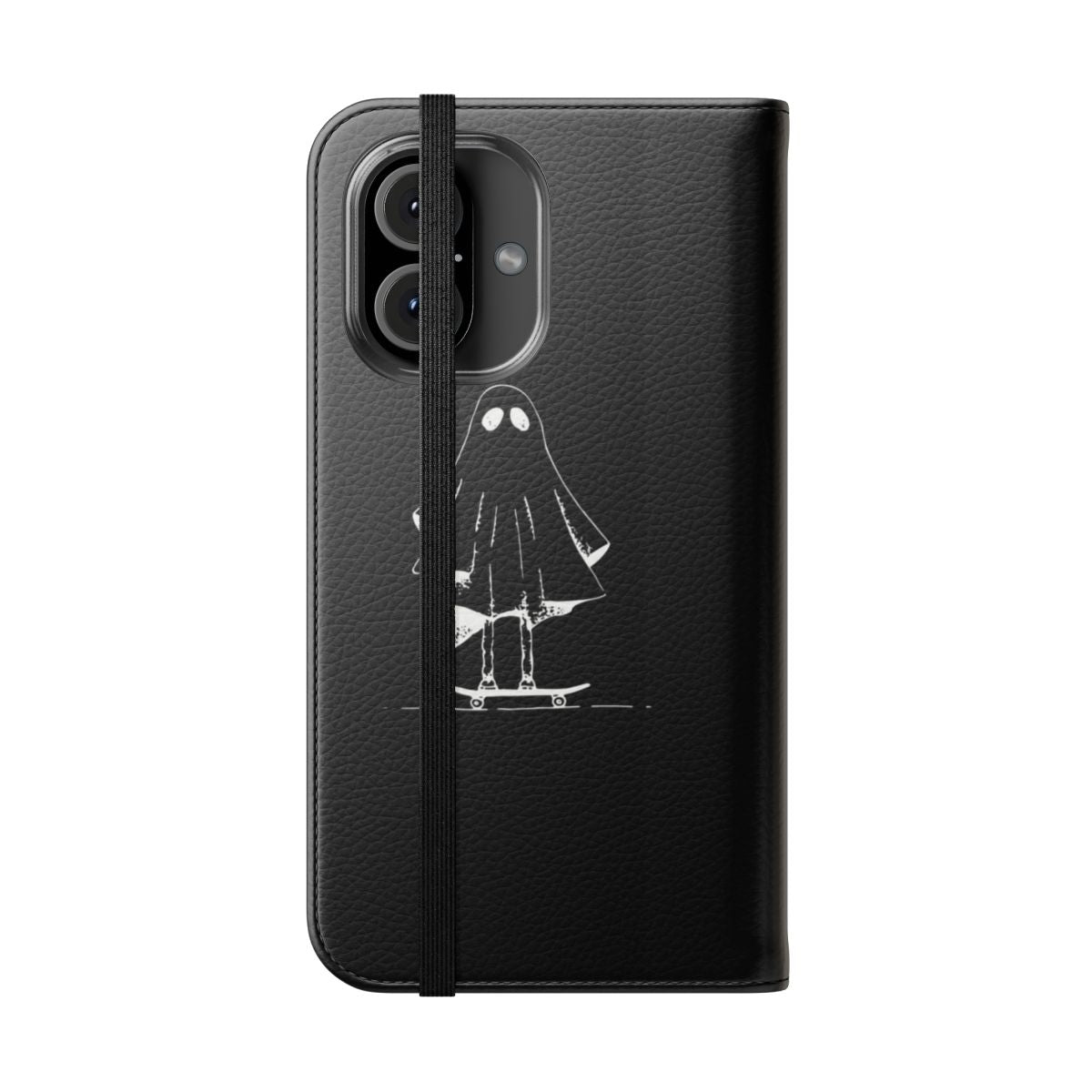 A black phone case with a ghostly skateboard design, featuring a dark and edgy aesthetic. - Folded Front