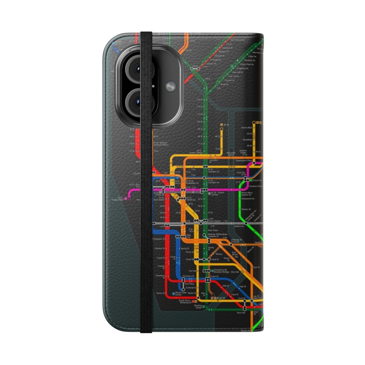 New York City subway map printed on a black phone case - Folded Front