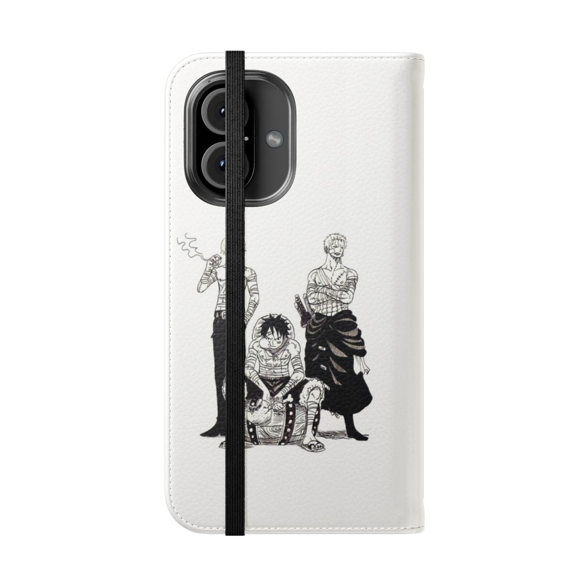 Anime-inspired phone case featuring the Mugiwara Trio of Luffy, Zoro, and Sanji from the popular manga and anime series One Piece. - Folded Front