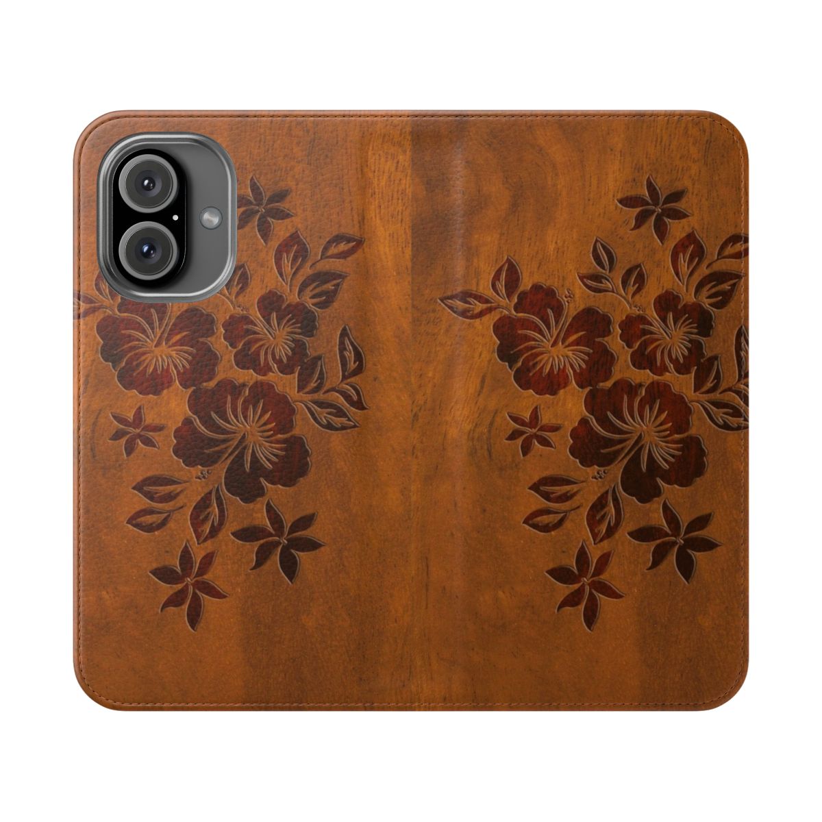 Tropical hibiscus floral pattern faux koa wood flip phone case