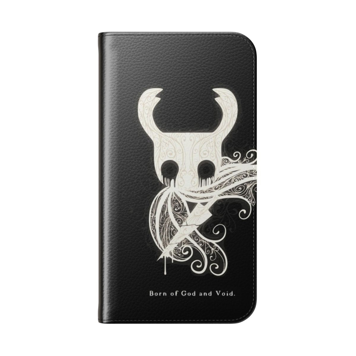 Hollow Knight-inspired flip cover phone case featuring the Knight character in black and white - Folded Back