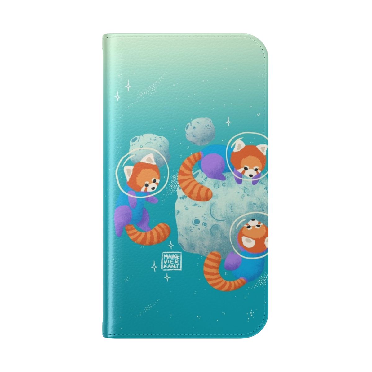 Colorful phone case design featuring a cute red panda in a pastel space landscape - Folded Back