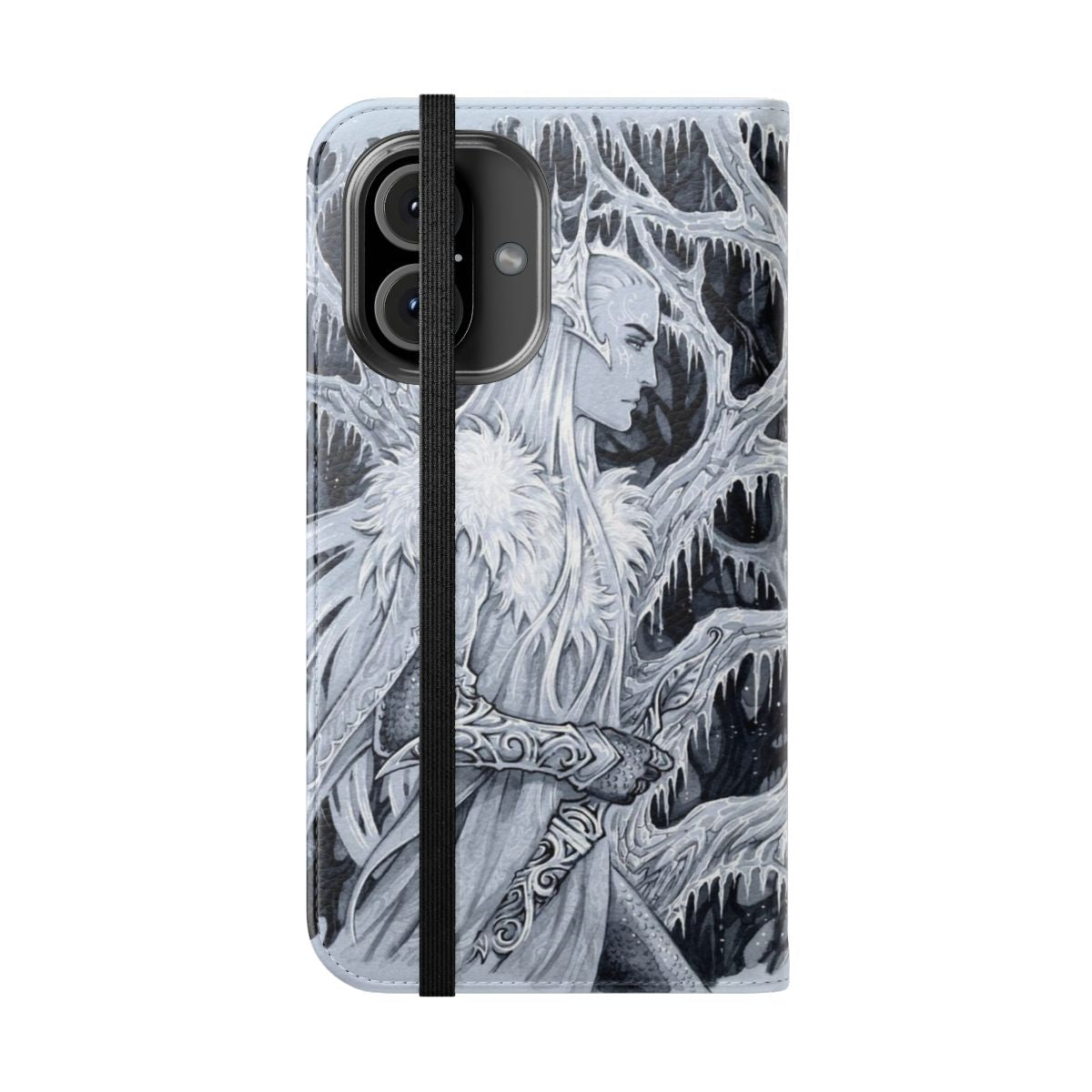 Wintery forest phone case cover with elf, crown and sword design - Folded Front